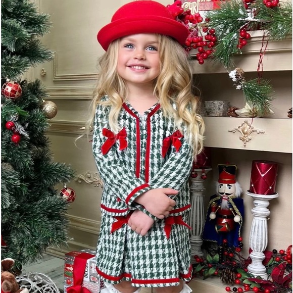 Christmas Matching Outfit Blazer & Pleated Skirt Set With Bows - Picture 7 of 13